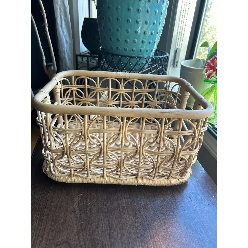 Vintage Wicker Basket Rattan MCM Bamboo Caddy Carrier